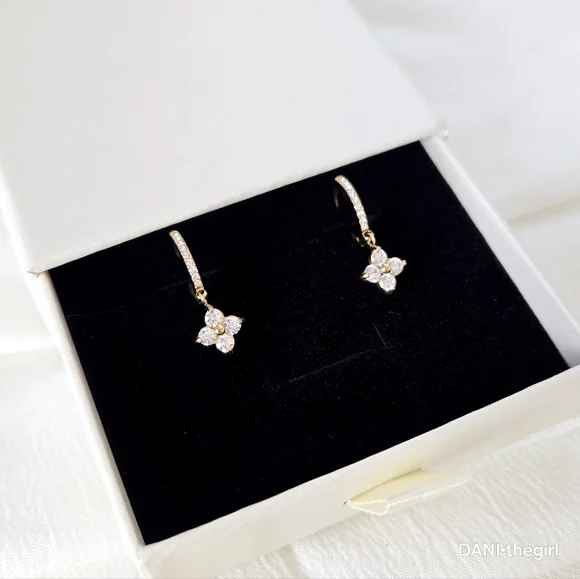 Gold CZ Diamond Clover Hoop Earrings - Picture 10 of 10